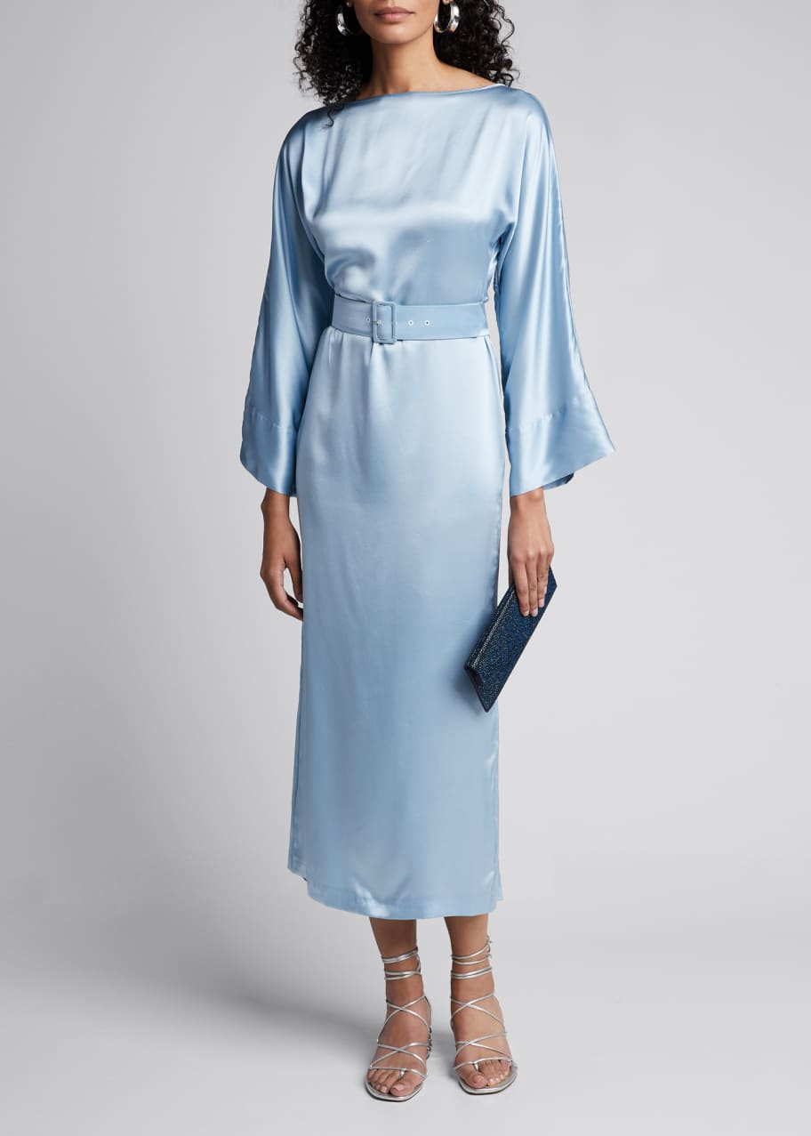 BERNADETTE Satin BoatNeck BellSleeve Belted Dress Bergdorf Goodman