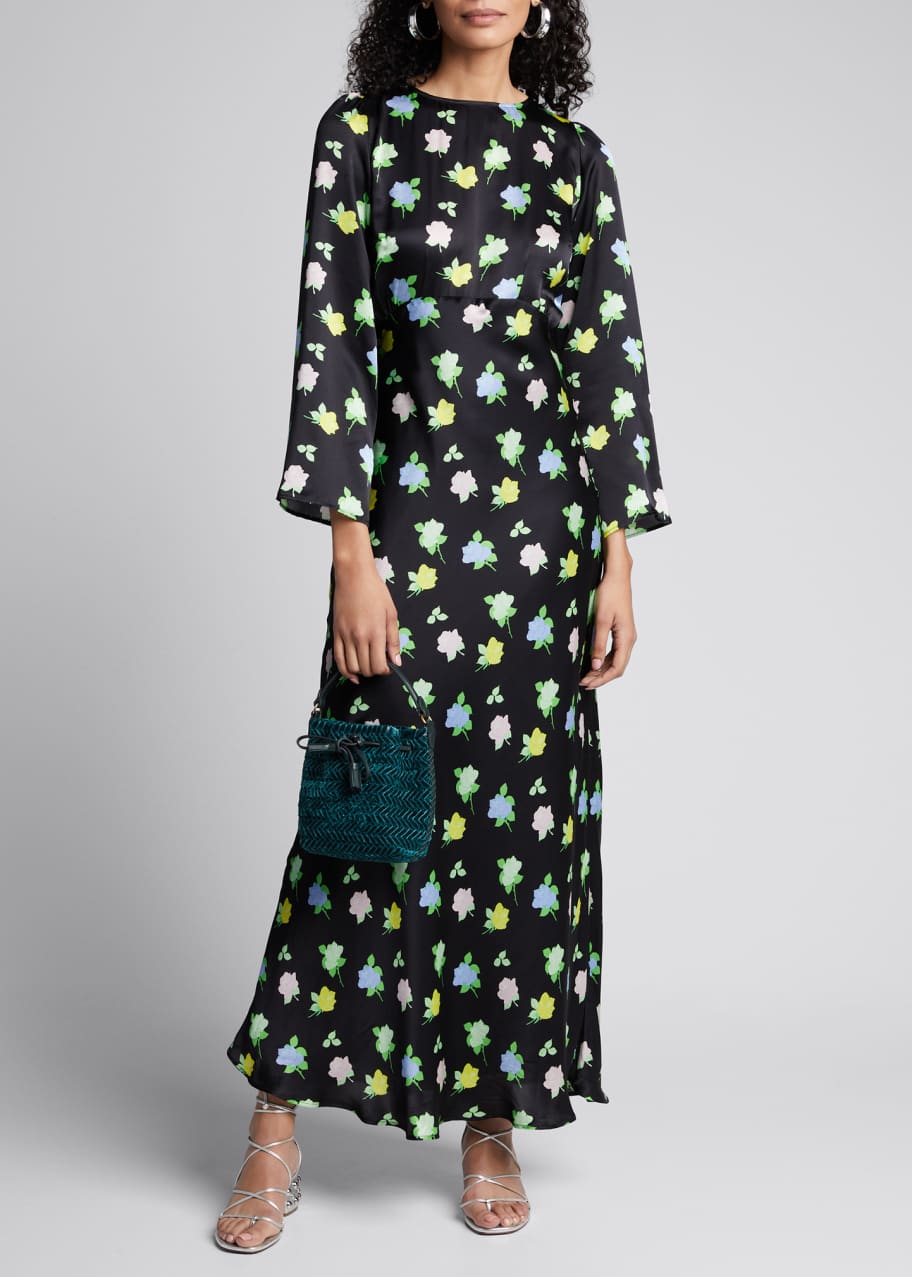 Image 1 of 1: Rose-Print Long-Sleeve Satin Maxi Dress