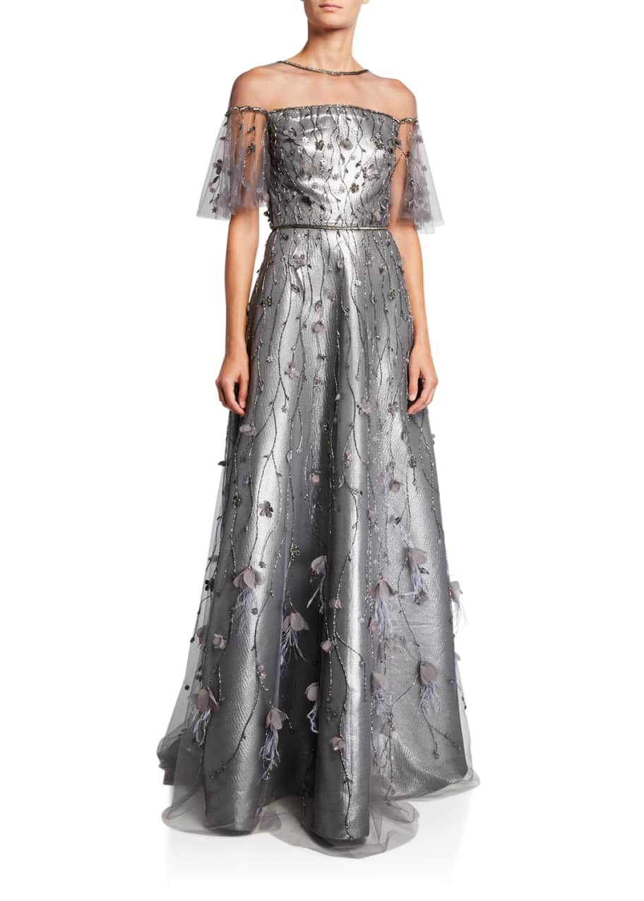 Theia Metallic Flutter-Sleeve Illusion Gown with Beaded Tulle ...