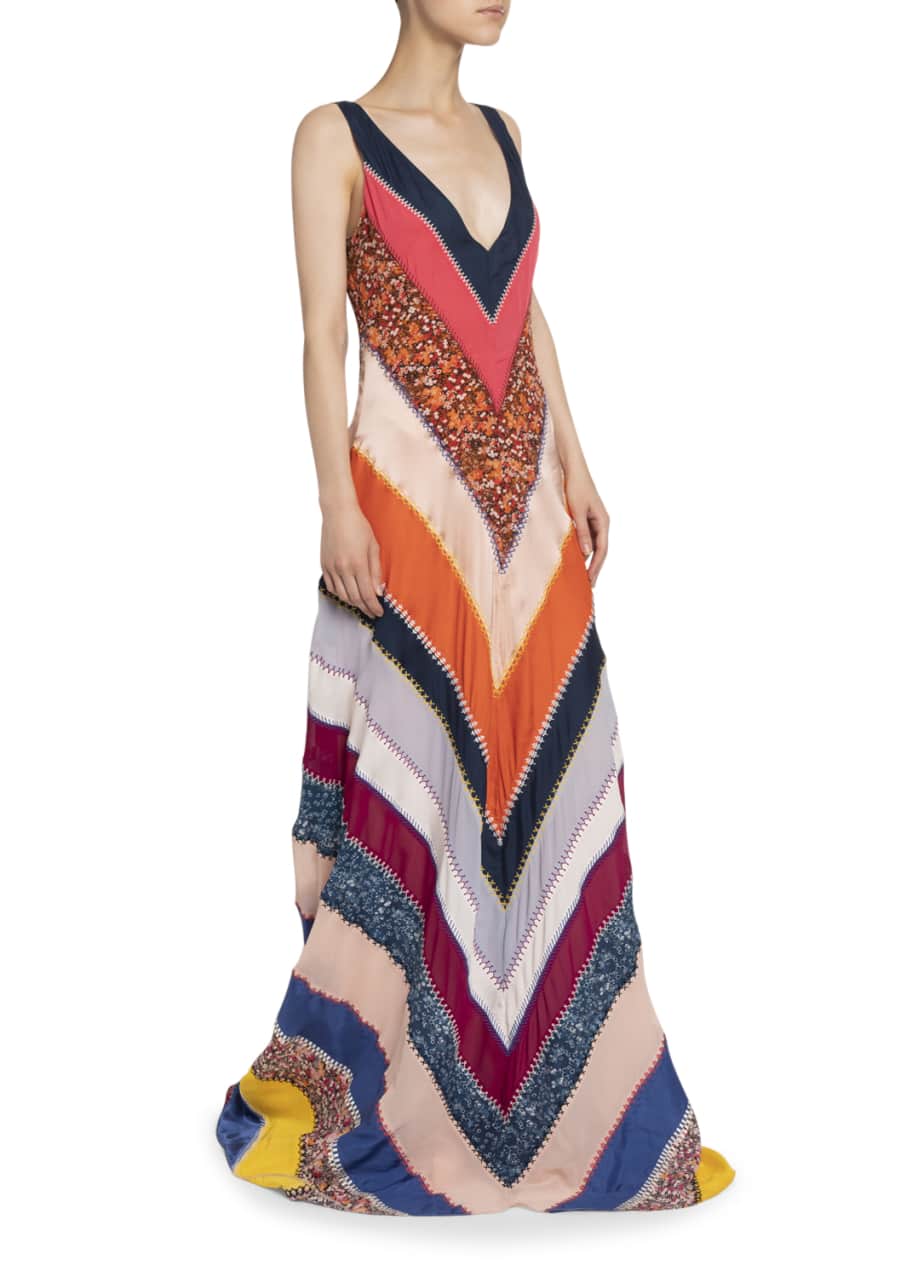 Image 1 of 1: Chevron Striped Patchwork V-Neck Sleeveless Silk A-Line Gown
