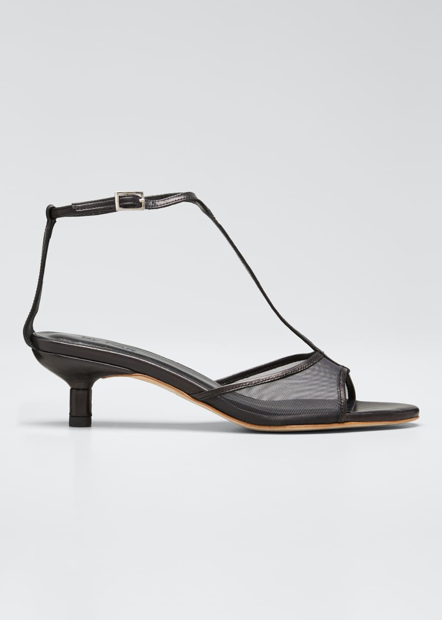 Image 1 of 1: Leather and Mesh T-Strap Sandals