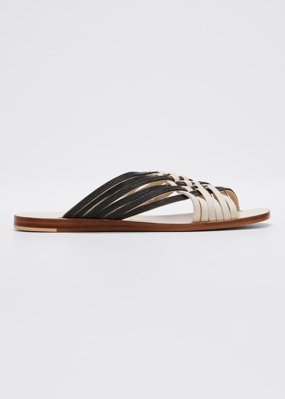 Brunello Cucinelli Monili and Leather Woven Slide Sandals - Bergdorf ...