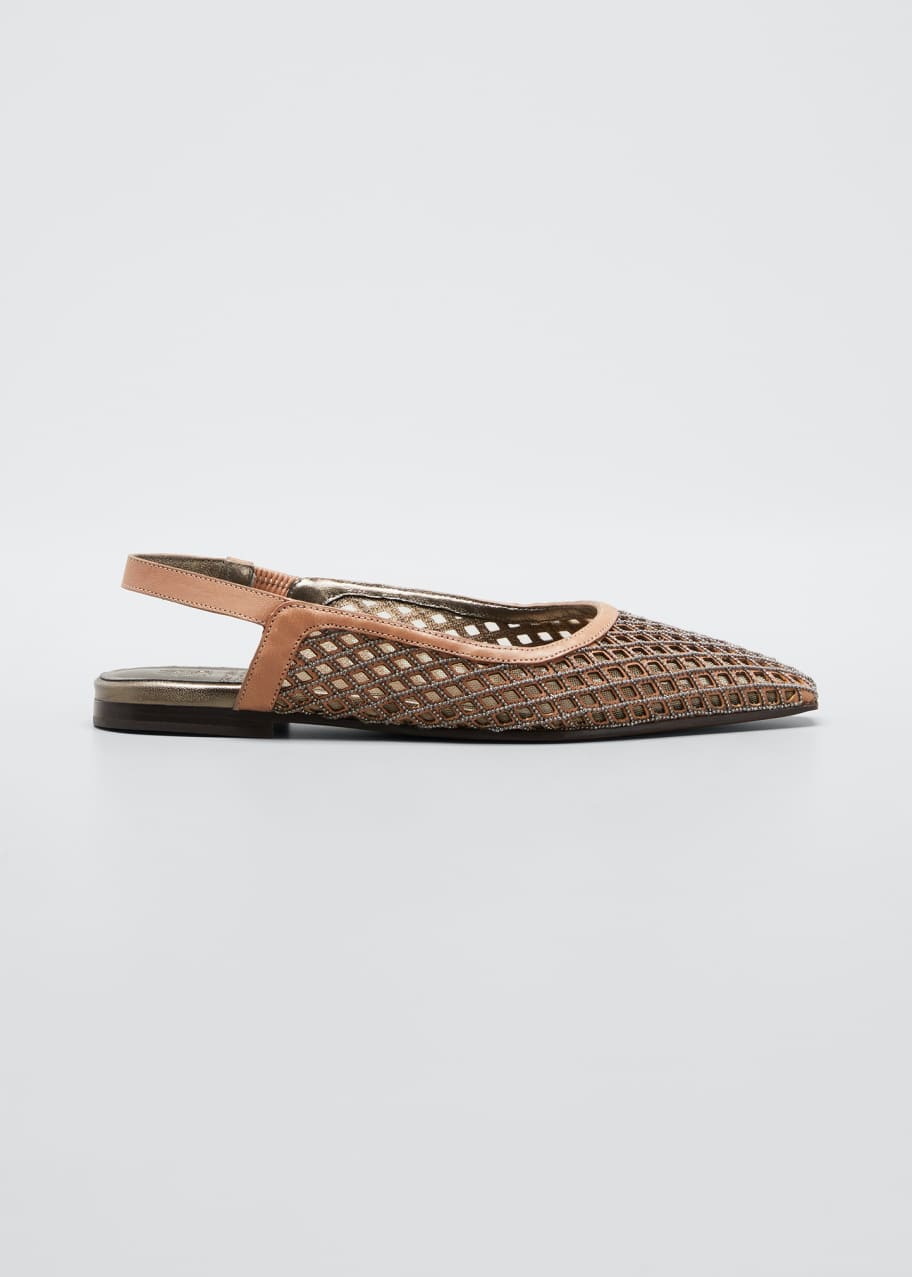 Embellished Leather Slingback Flats in Brown - Brunello Cucinelli