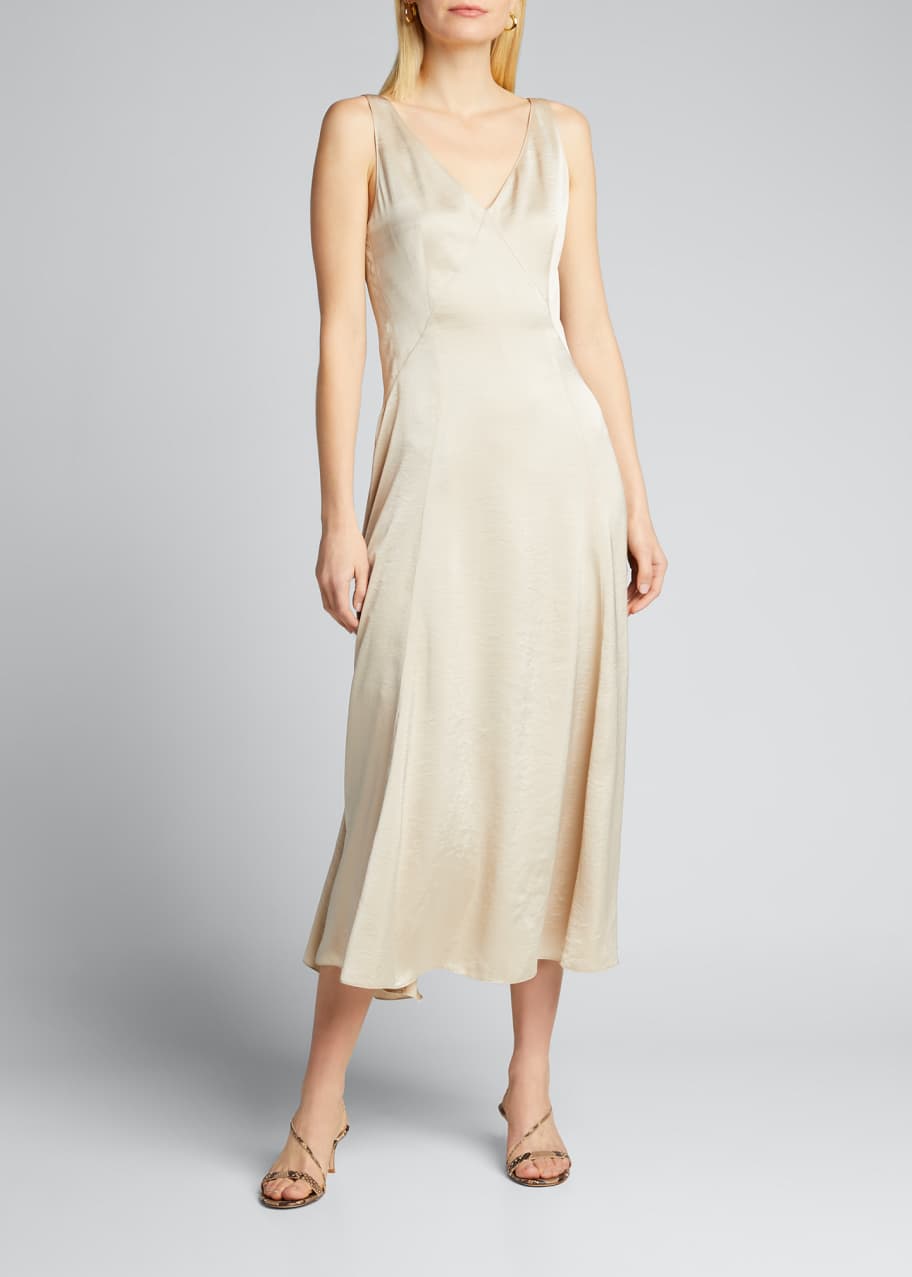 Olive Sleeveless Satin Midi Dress