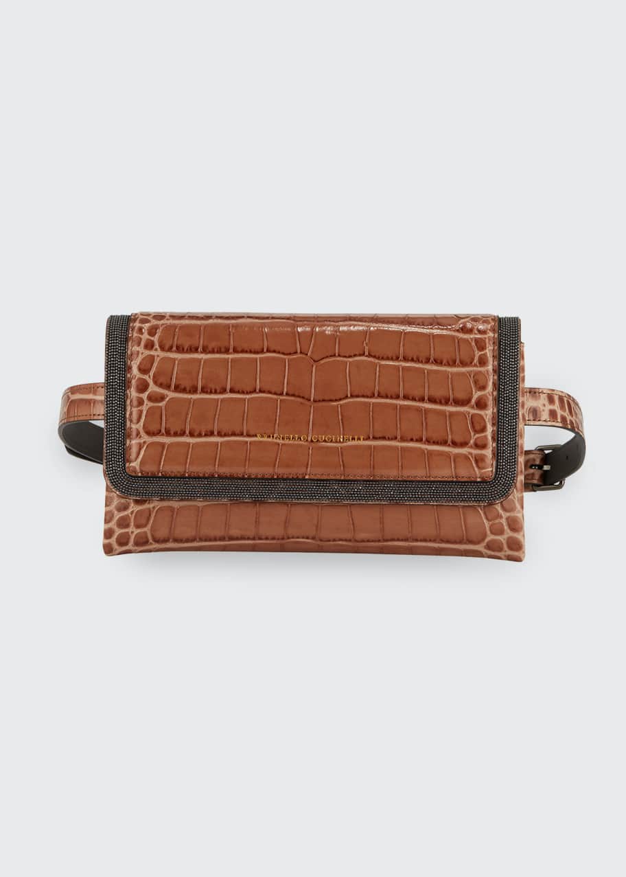 Image 1 of 1: Croc-Embossed Monili Leather Crossbody Belt Bag