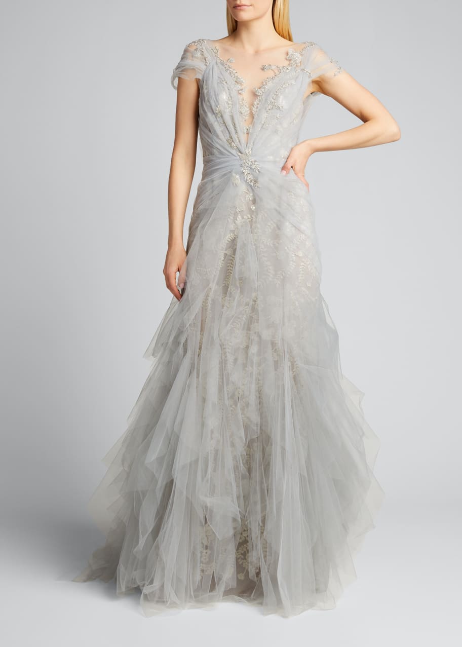 Marchesa Tulle-Draped Lace Gown - Bergdorf Goodman