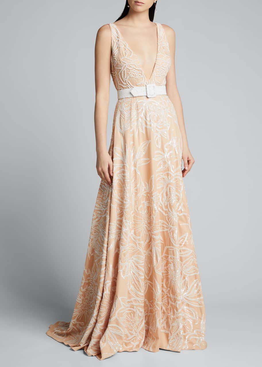 Image 1 of 1: Floral Embroidered V-Neck Gown