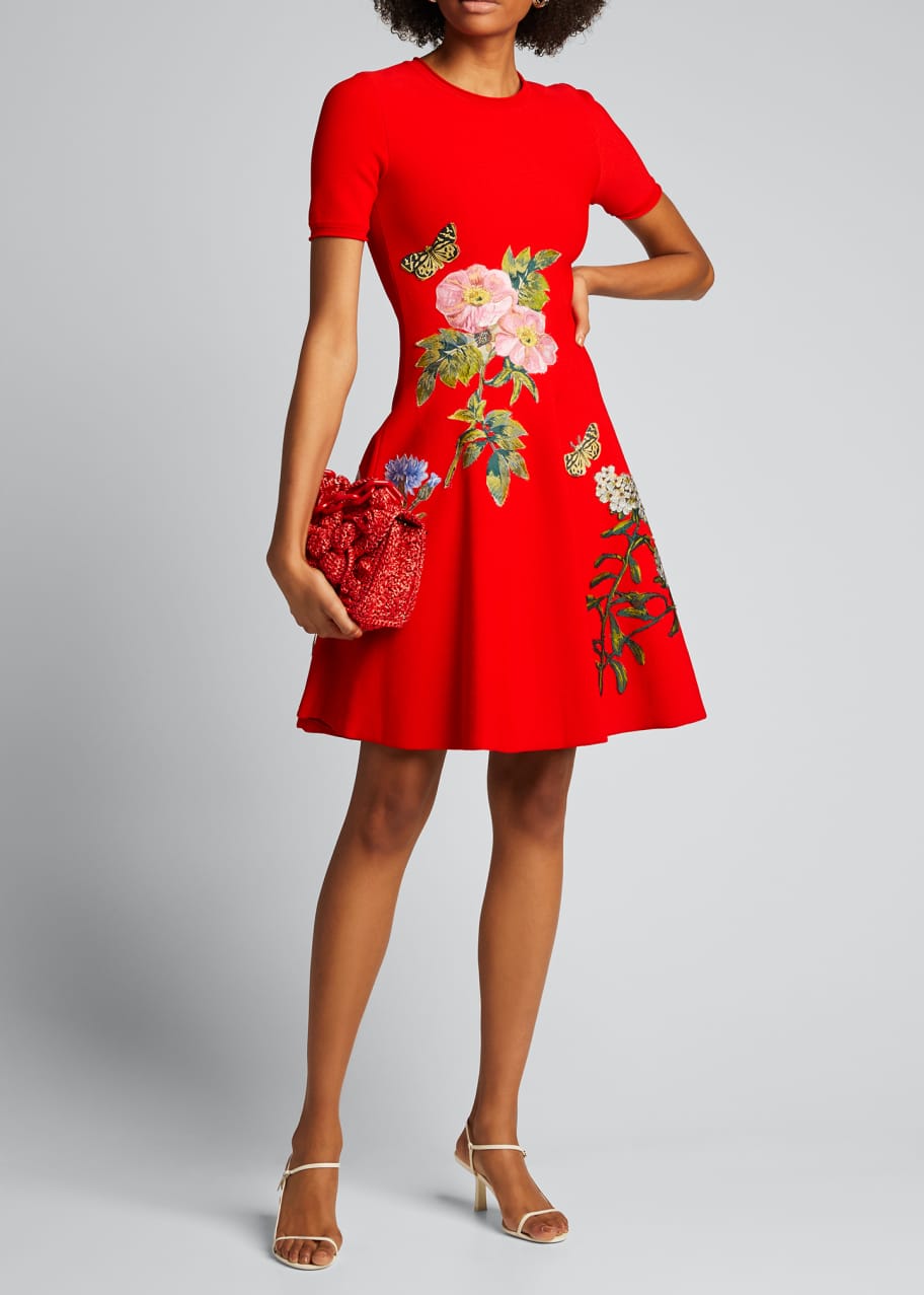 Oscar De La Renta Floral Applique Knit Fit And Flare Short Sleeve Dress Bergdorf Goodman