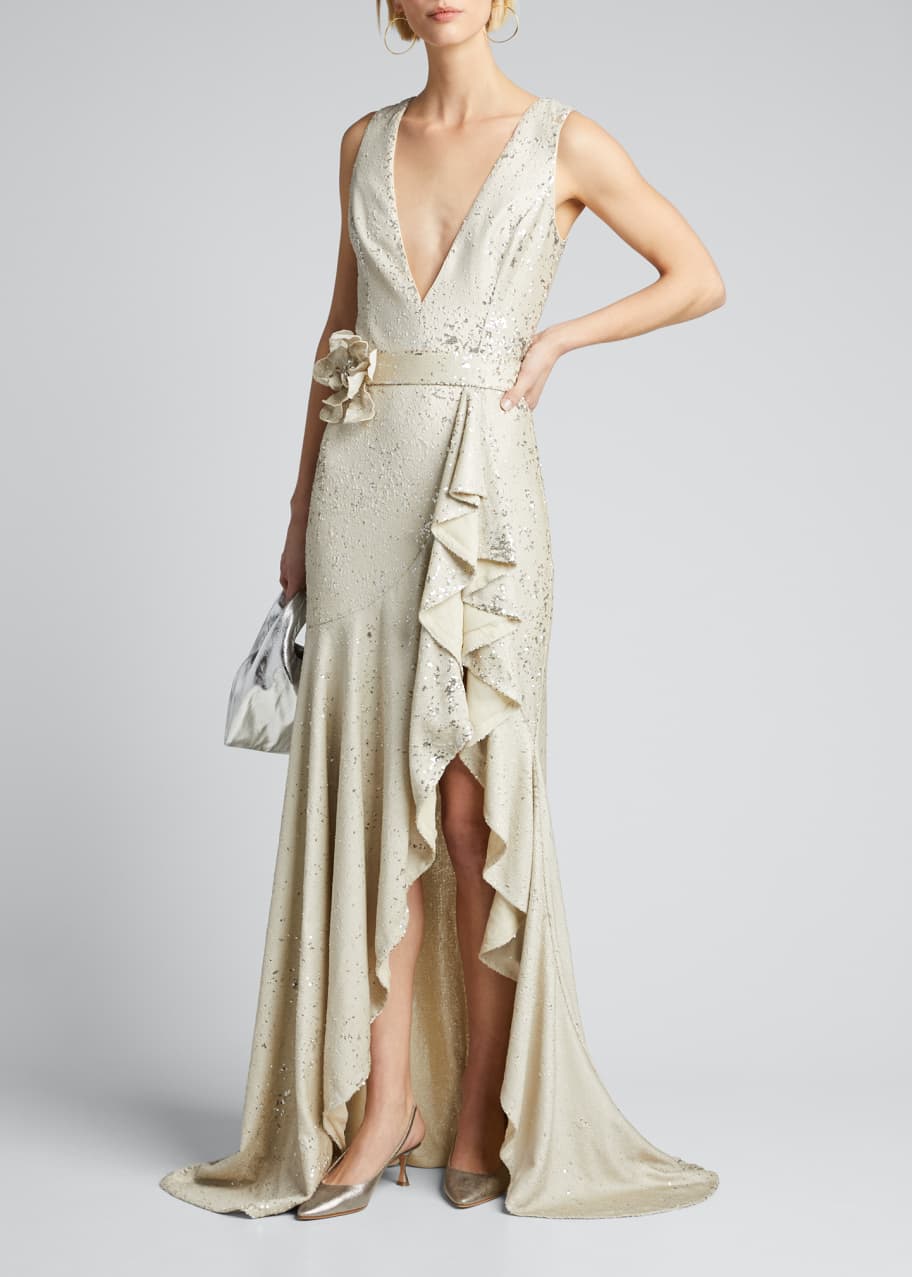badgley mischka sequin ruffle gown