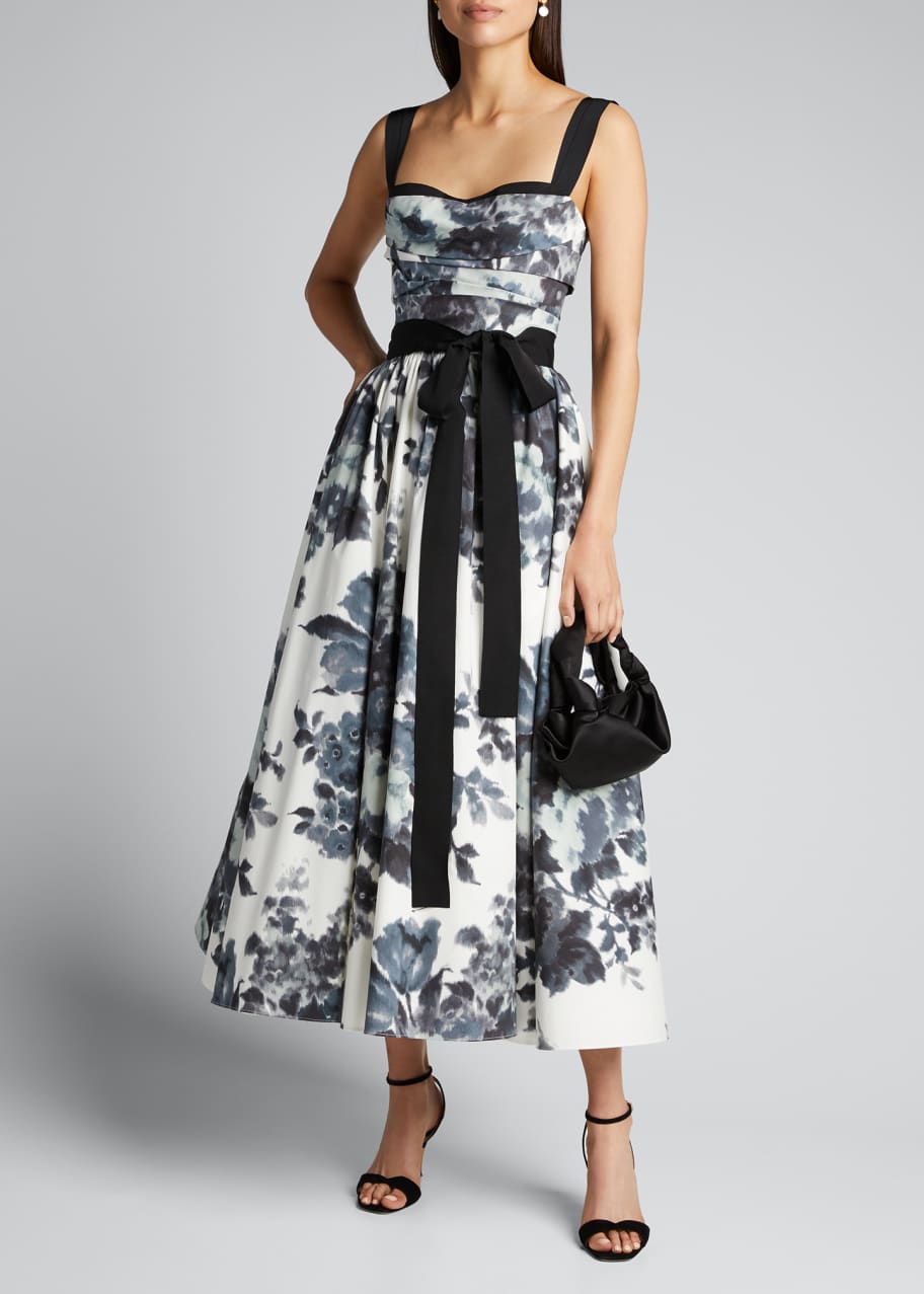 Image 1 of 1: Floral-Print Sweetheart-Neck Tea-Length Dress