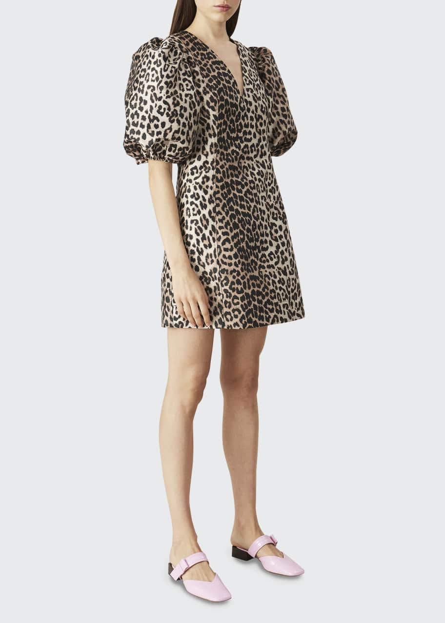 Ganni Leopard Jacquard PuffSleeve Mini Dress Bergdorf Goodman