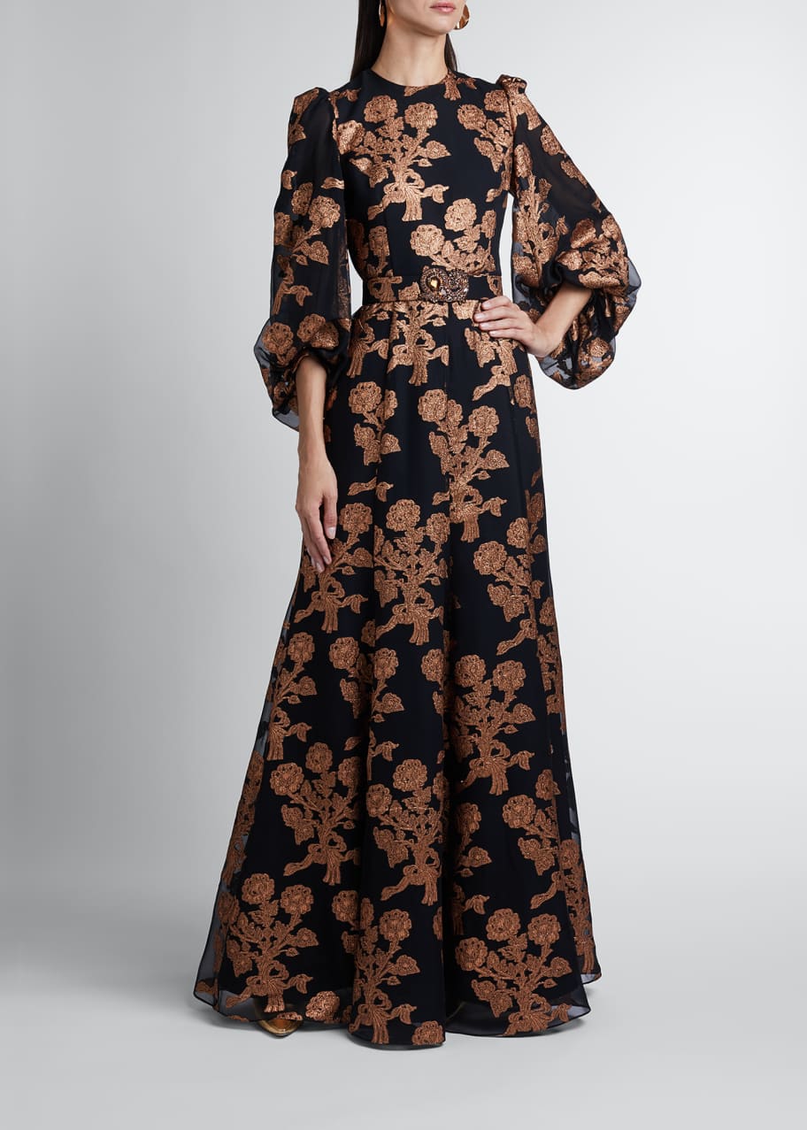 Andrew Gn Floral Brocade Coupe Gown with Gathered Sleeves - Bergdorf ...