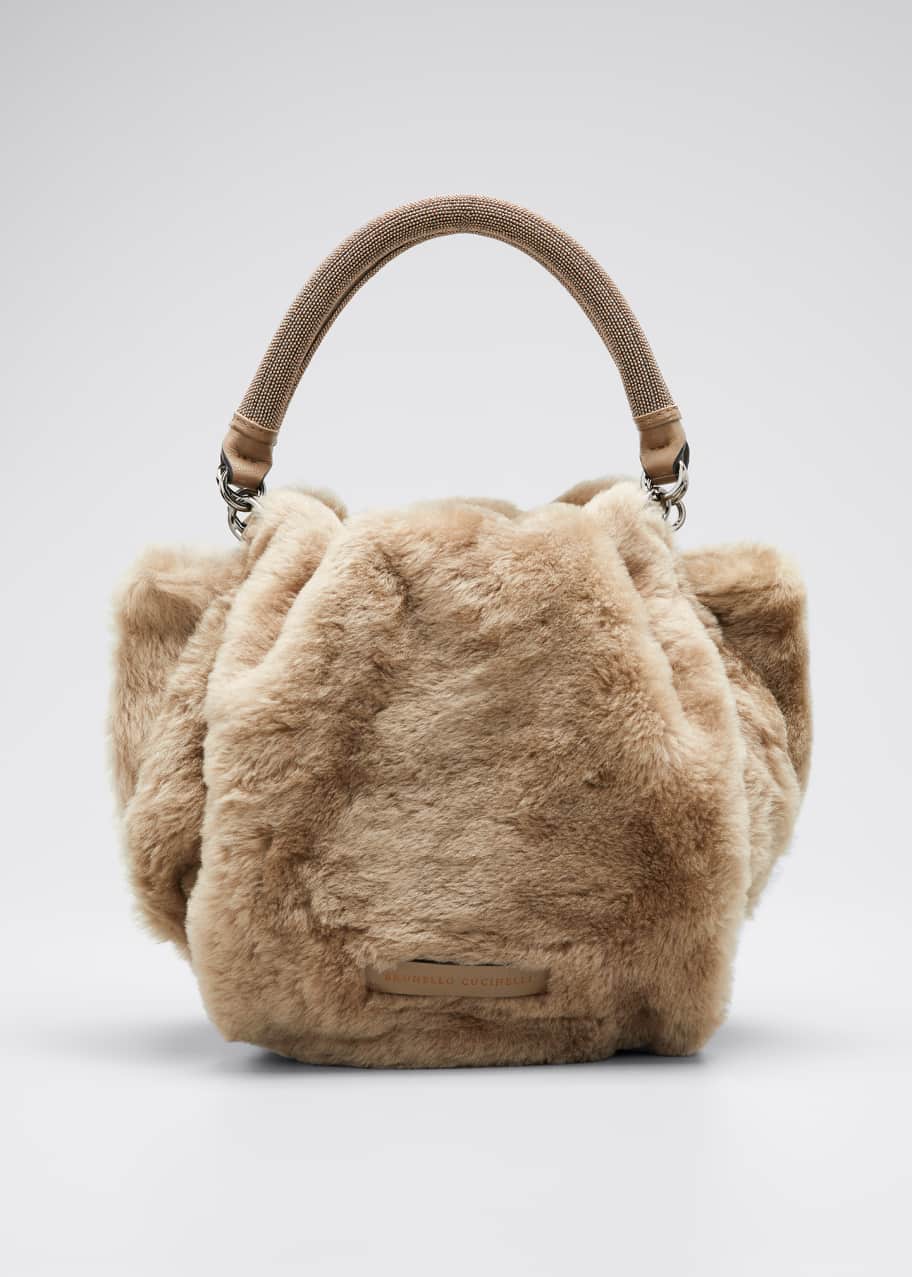 Brunello Cucinelli Small Shearling Fur Pochette Bag with Monili Handles ...
