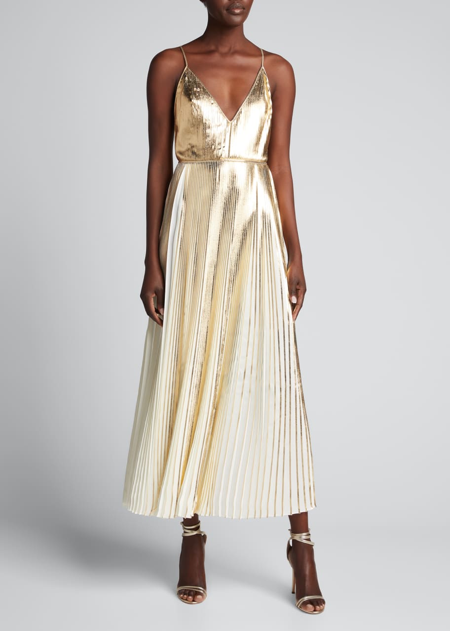 Valentino Metallic Pleated Cross Back Dress Bergdorf Goodman