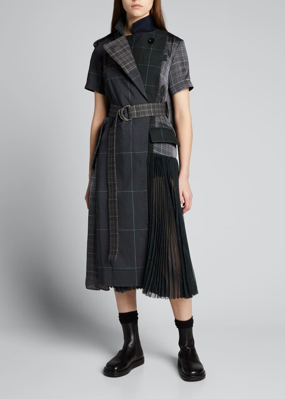 Side-Pleated Glen-Check Belted Midi Dress