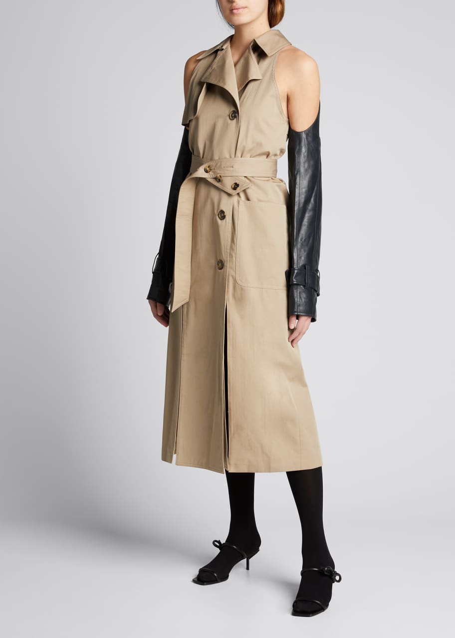 Double-Breasted Trench Coat w/ Removable Leather Sleeves