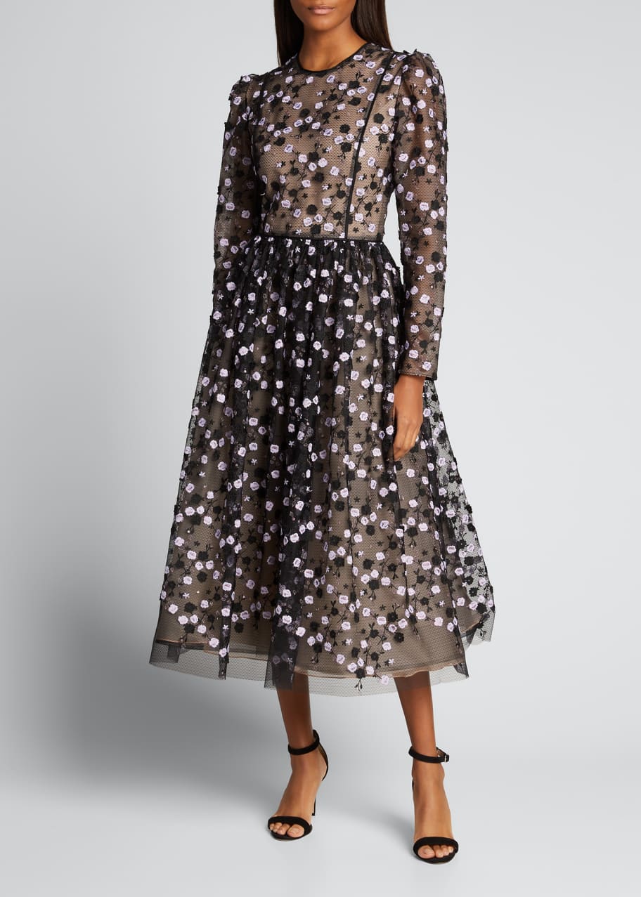 J. Mendel Floral-Embroidered Tulle Long-Sleeve Midi Dress - Bergdorf ...