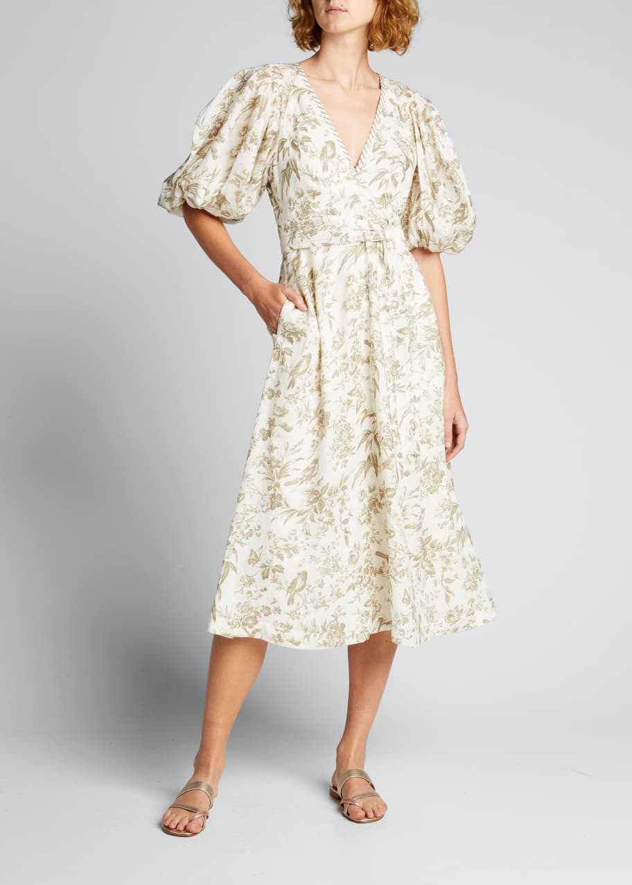 Zimmermann Linen PuffSleeve Midi Dress Bergdorf Goodman