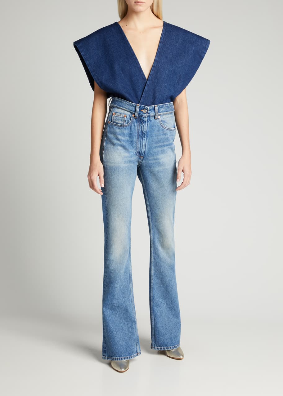 MM6 Maison Margiela Deep V-Neck Boot-Cut Denim Jumpsuit - Bergdorf
