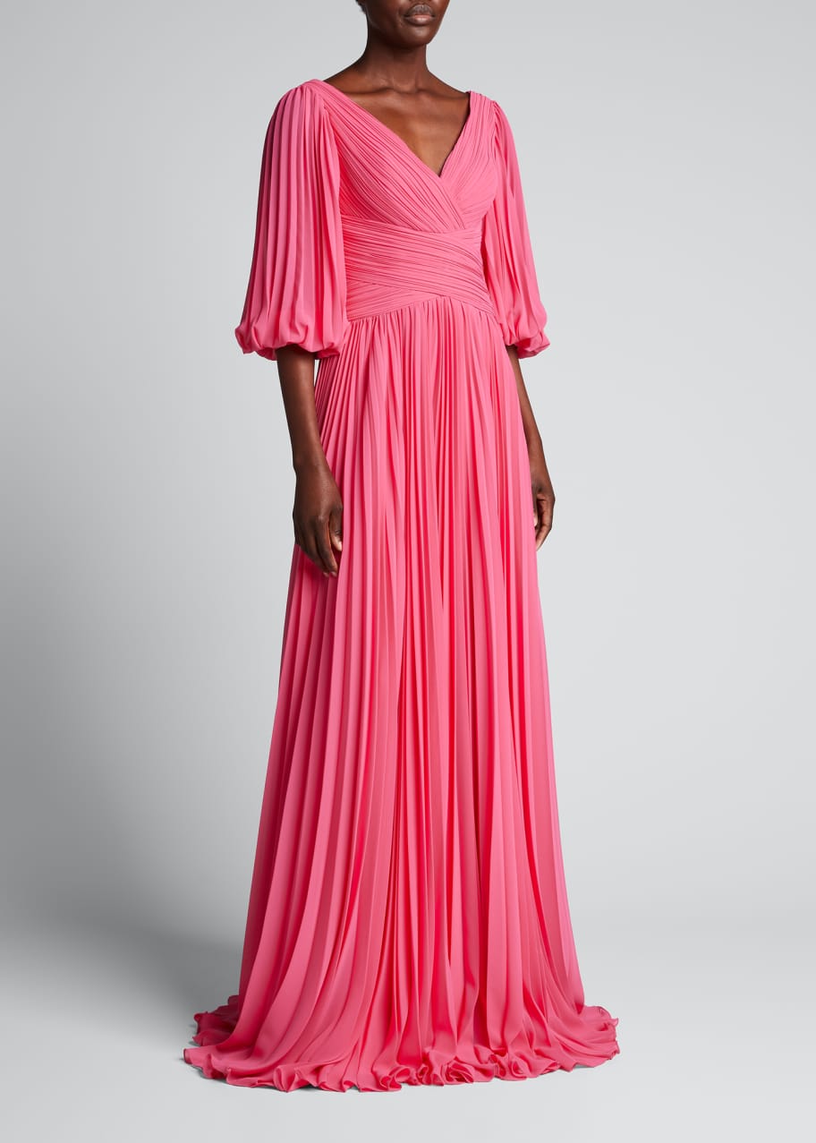 Rickie Freeman for Teri Jon V-Neck Puff-Sleeve Pleated Chiffon Gown ...