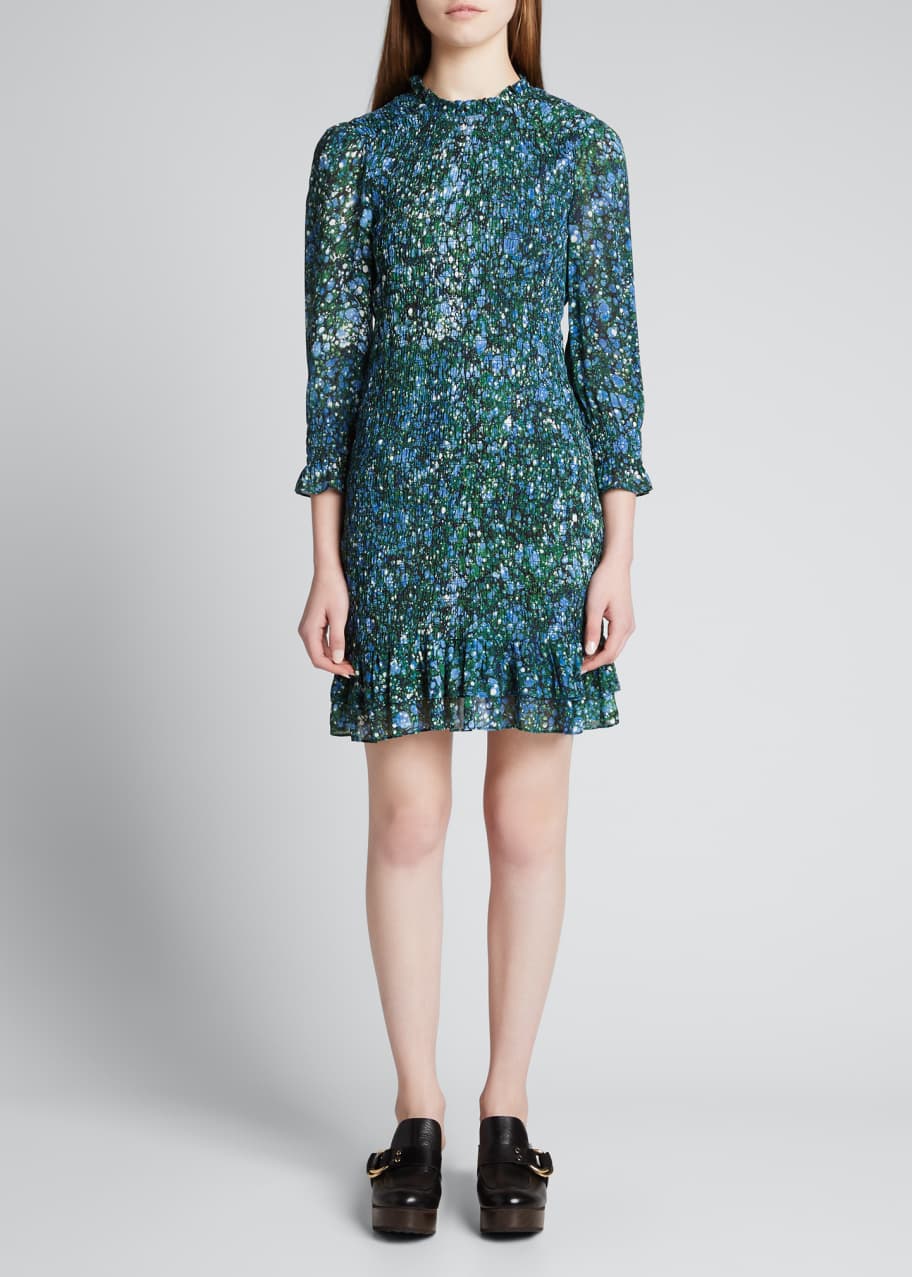 green emerald velvet dress Veronica Beard Sean Ruched Mini Dress Green Floral Print Silk Chiffon   Celebrity Owned