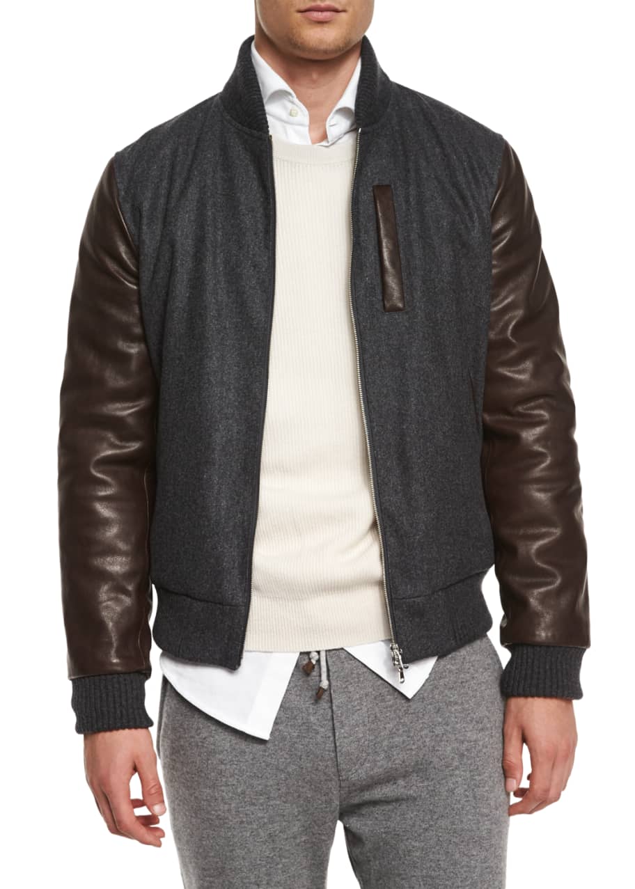 Brunello Cucinelli Mixed-Media Wool Bomber Jacket, Dark Gray - Bergdorf ...