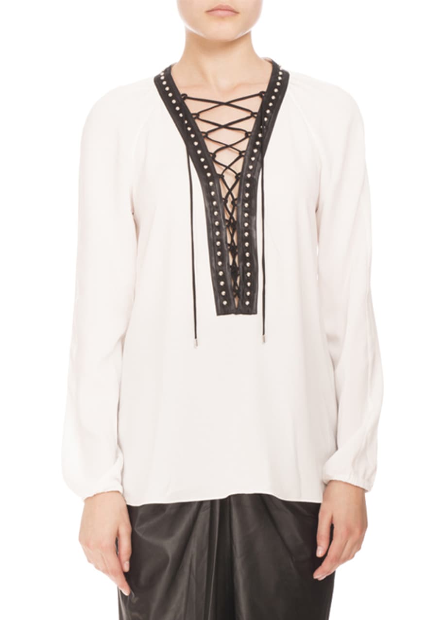 Altuzarra Studded LaceUp Peasant Blouse, Natural White Bergdorf Goodman