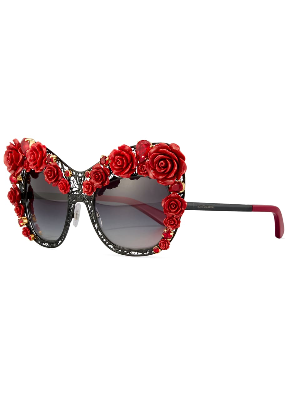 Dolce & Gabbana Dolce Lace Rose & Rhinestone Cat-Eye Sunglasses, Black/Red  - Bergdorf Goodman