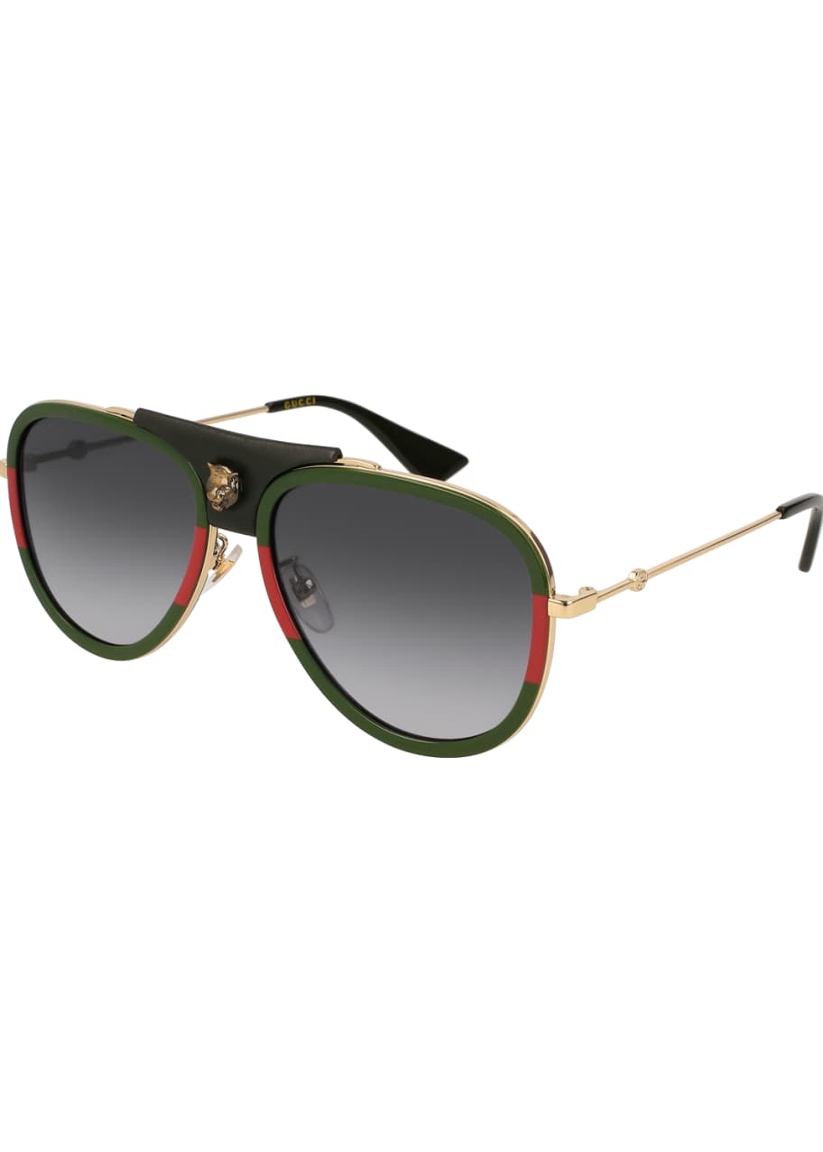 Gradient Web Aviator Sunglasses w Leather Trim Gold Green Red