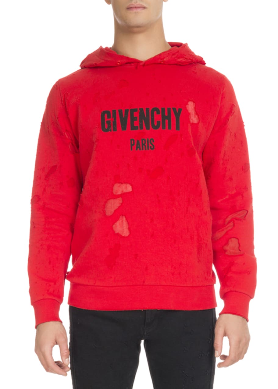 Givenchy Distressed Cotton Logo Hoodie, Red - Goodman