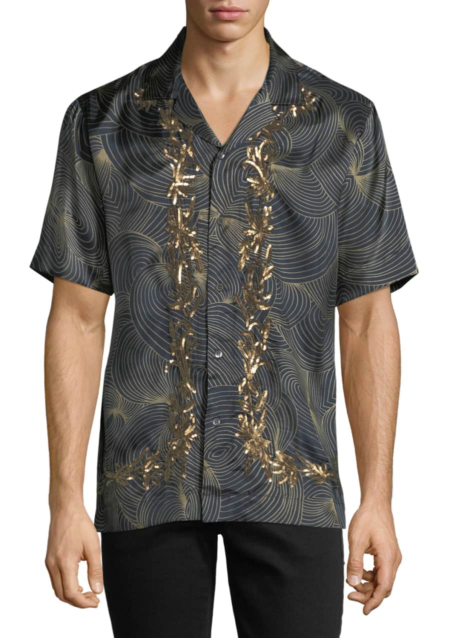 Dries Van Noten Carlton Embroidered-Trim Swirl Short-Sleeve Sport