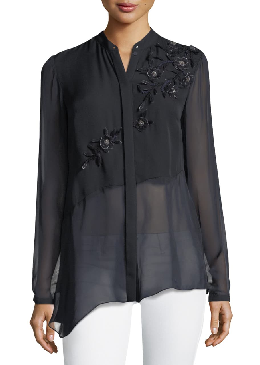 Image 1 of 1: Remeleen Floral-Appliqué Silk Blouse