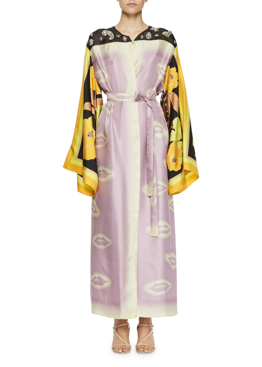 Dries Van Noten Ramidos Lip-Print Kimono Dress w/Foulard Sleeves