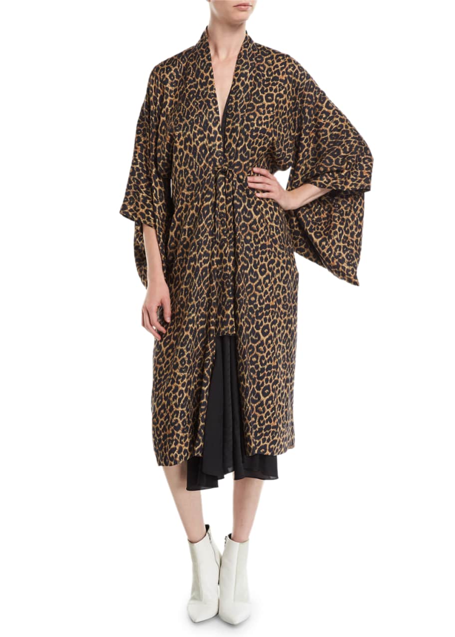 Balenciaga Tie Front 3 4 Sleeve Leopard Print Kimono Dress W Silk Combo Bergdorf Goodman