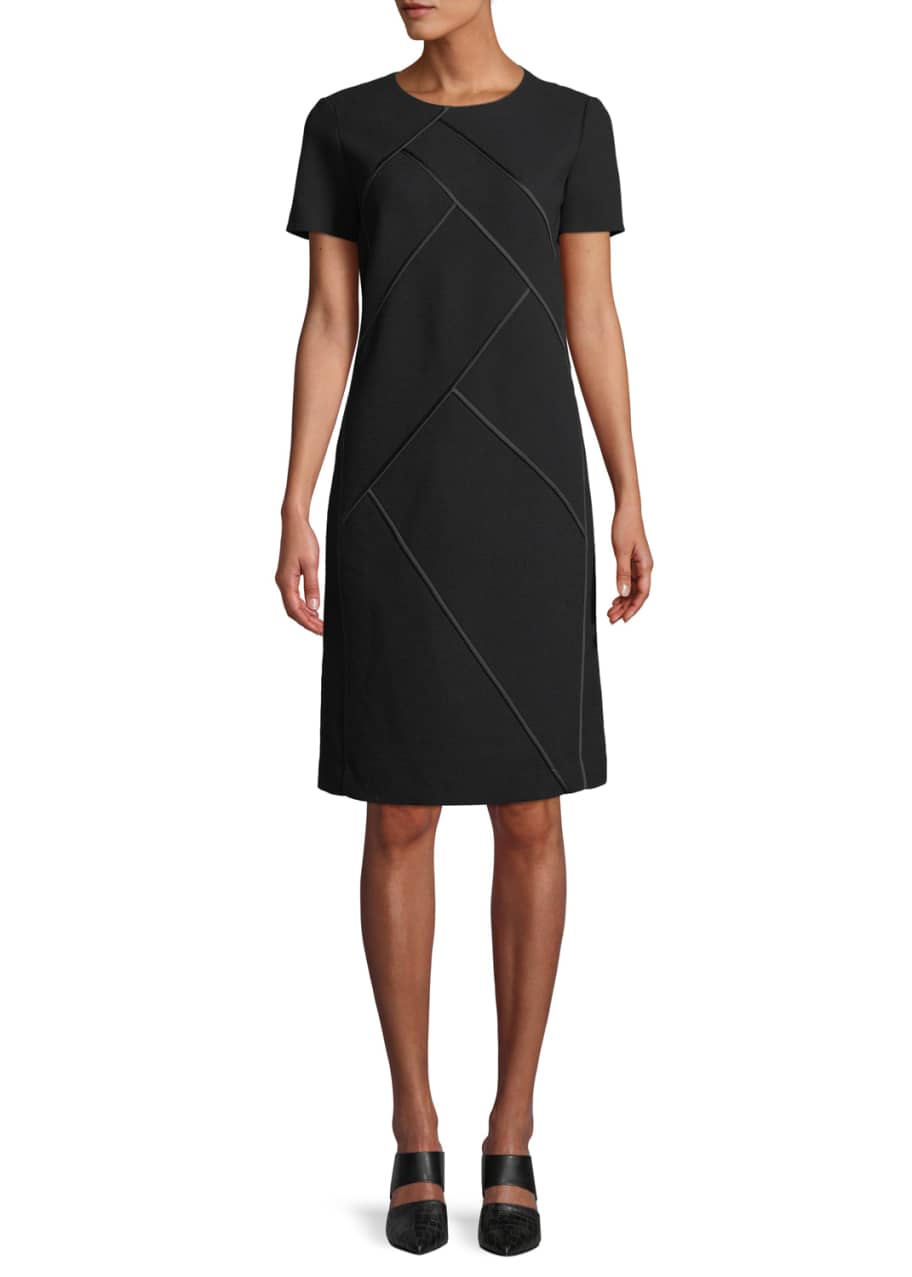Image 1 of 1: Henora Short-Sleeve Crewneck A-Line Wool Dress w/ Charmeuse Piping