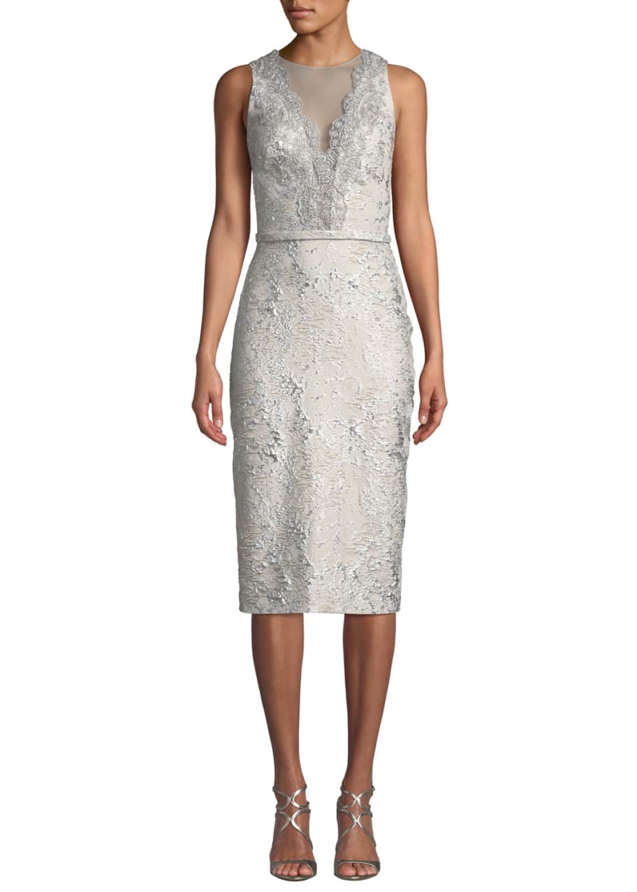 Image 1 of 1: Sleeveless Cloque Cocktail Dress w/ Metallic Lace