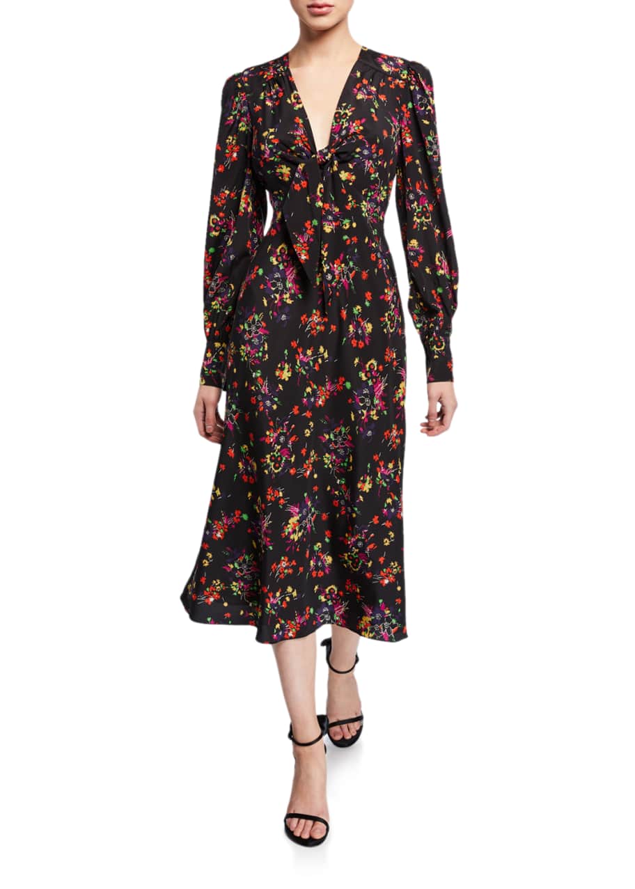 Veronica Beard Amber Long-Sleeve Floral Tie-Front Midi Dress - Bergdorf ...
