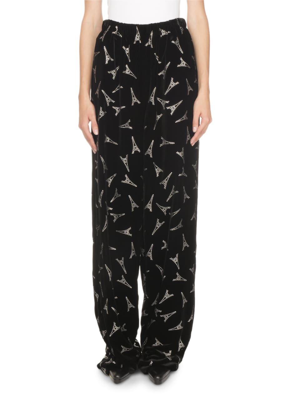 Image 1 of 1: Rhinestone Eiffel Tower Velvet Pants