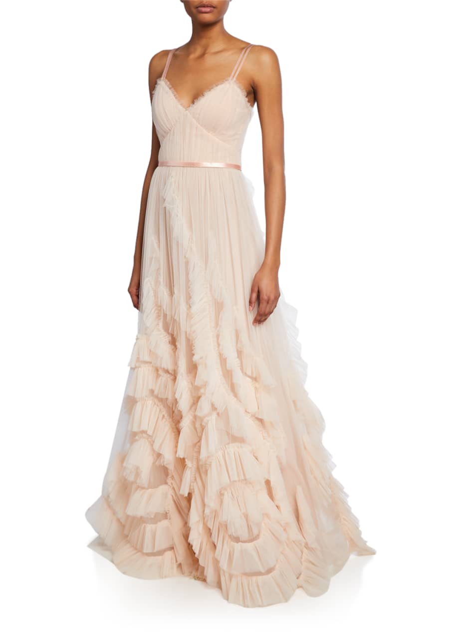 V Neck Sleeveless Textured Tulle Gown w Cascading Ruffles Lace