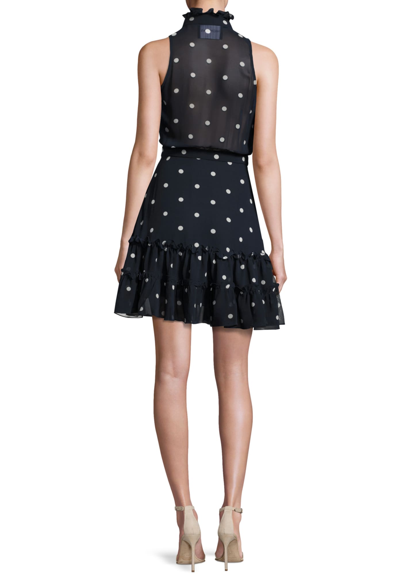 Sleeveless Polka Dot Silk Mini Dress Navy Blue White