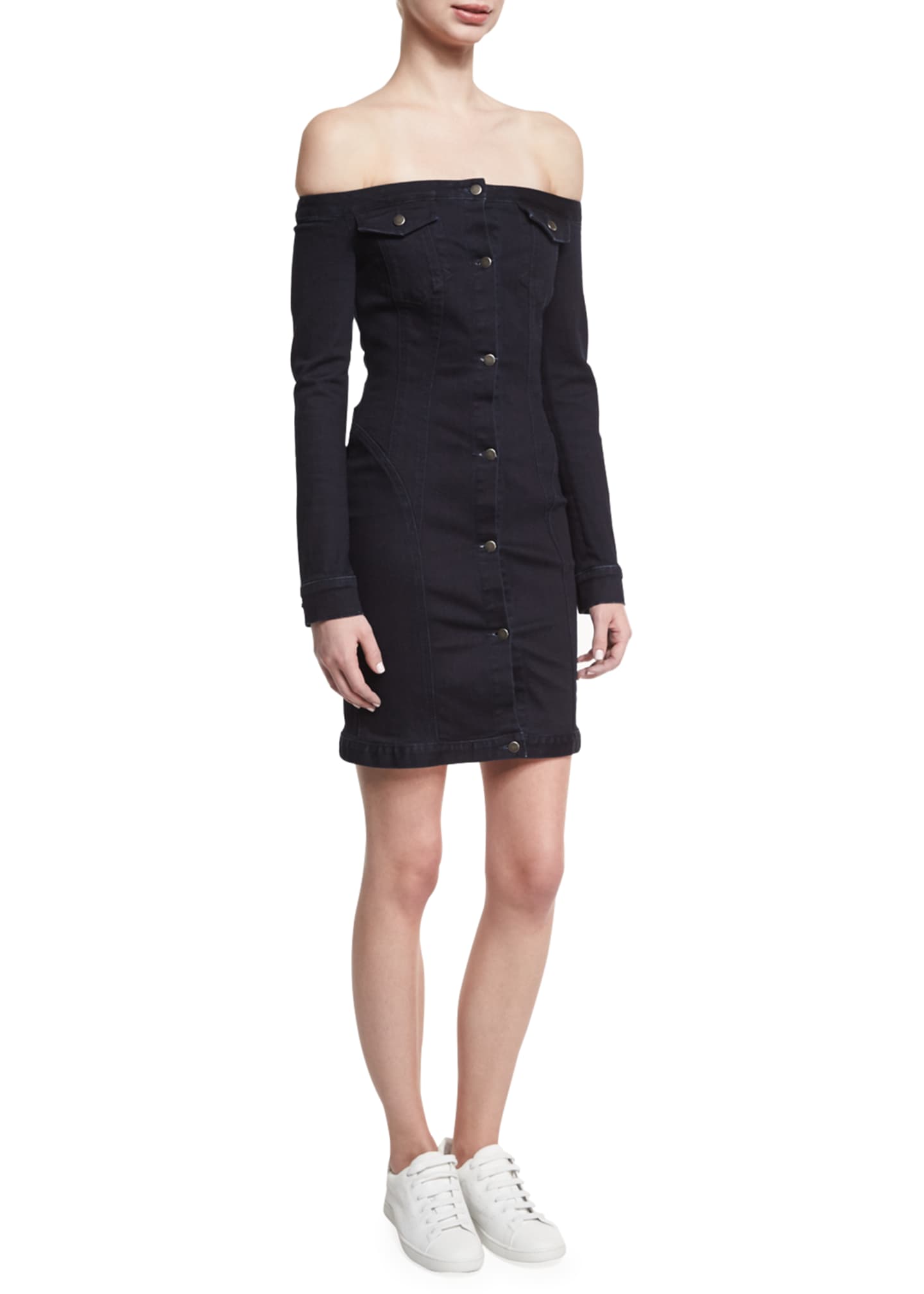 Black denim off the shoulder dress 2025