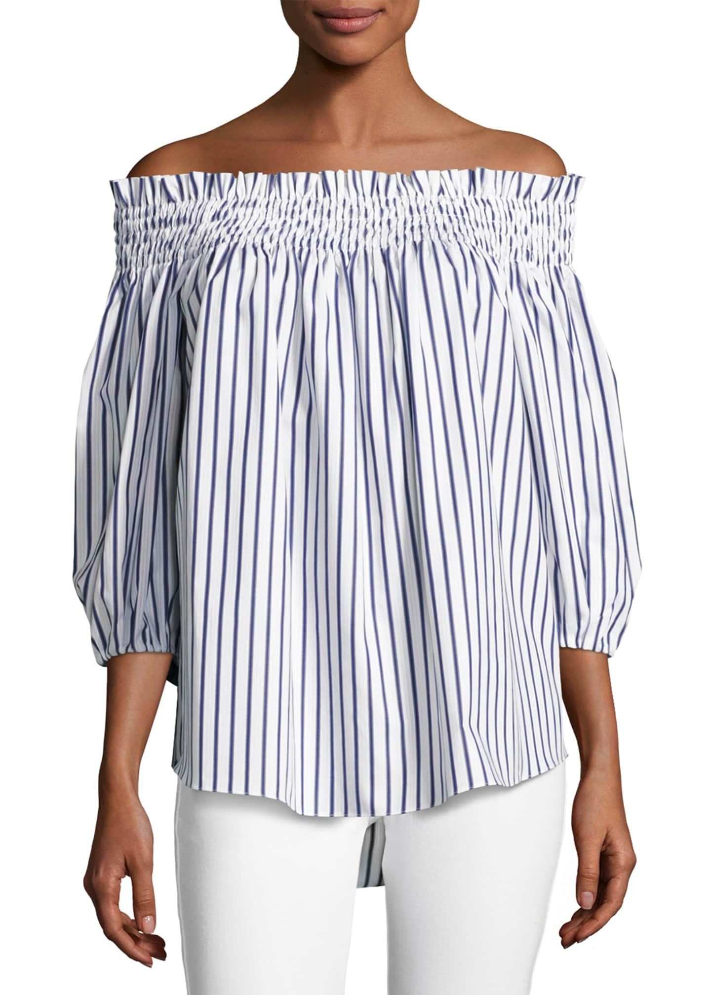 Caroline Constas Lou Off-the-Shoulder Stripe Cotton Top, Blue/White -  Bergdorf Goodman