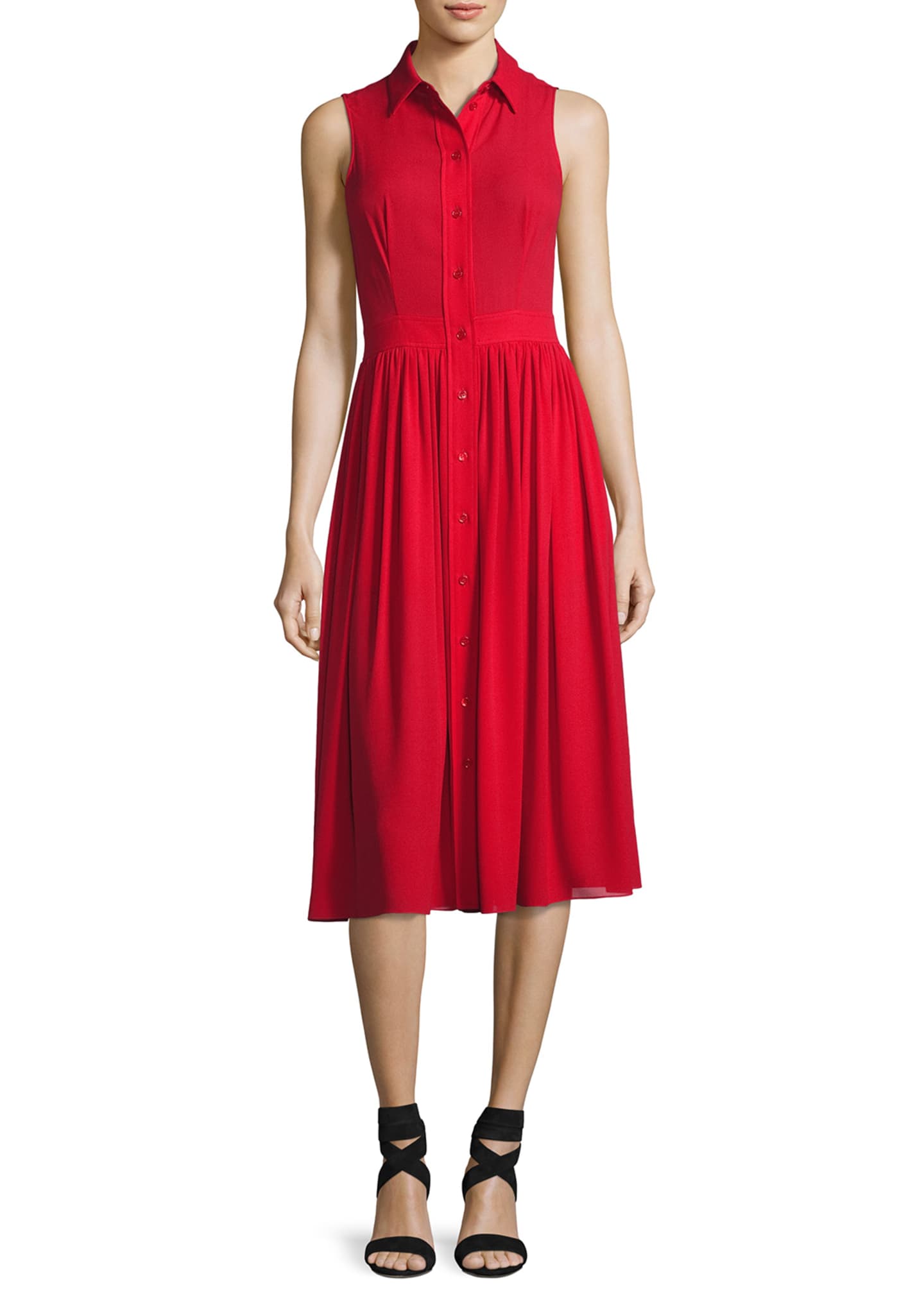 Sleeveless Silk Georgette Shirtdress Crimson