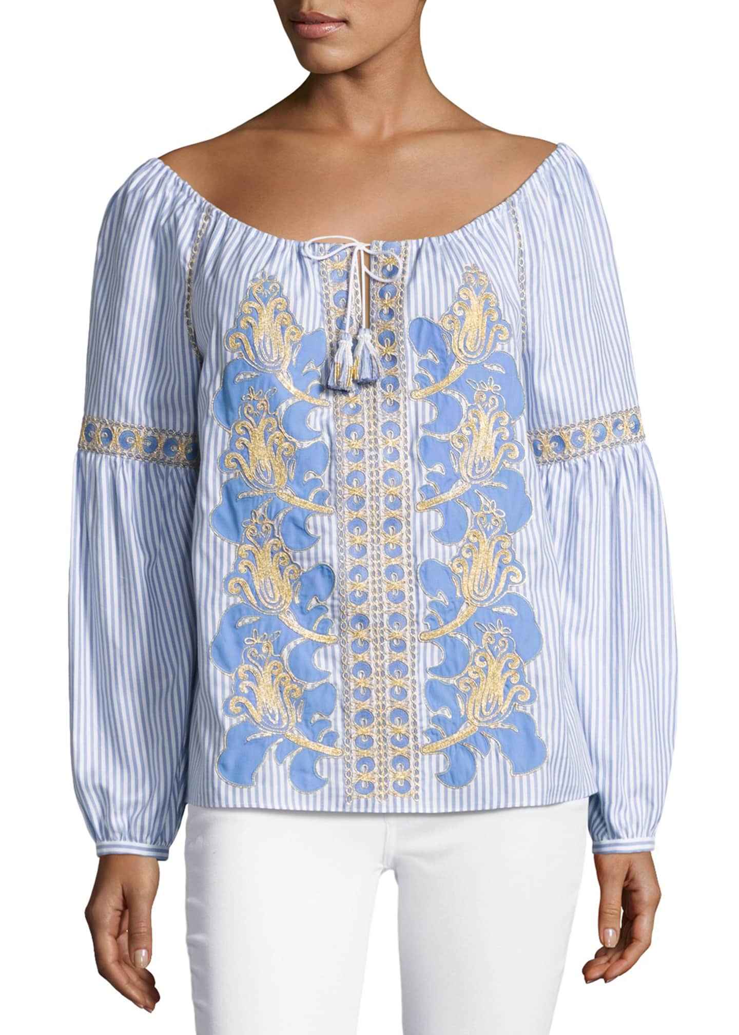 Tory Burch Embroidered Seersucker Peasant Blouse, White Image 1 of 3