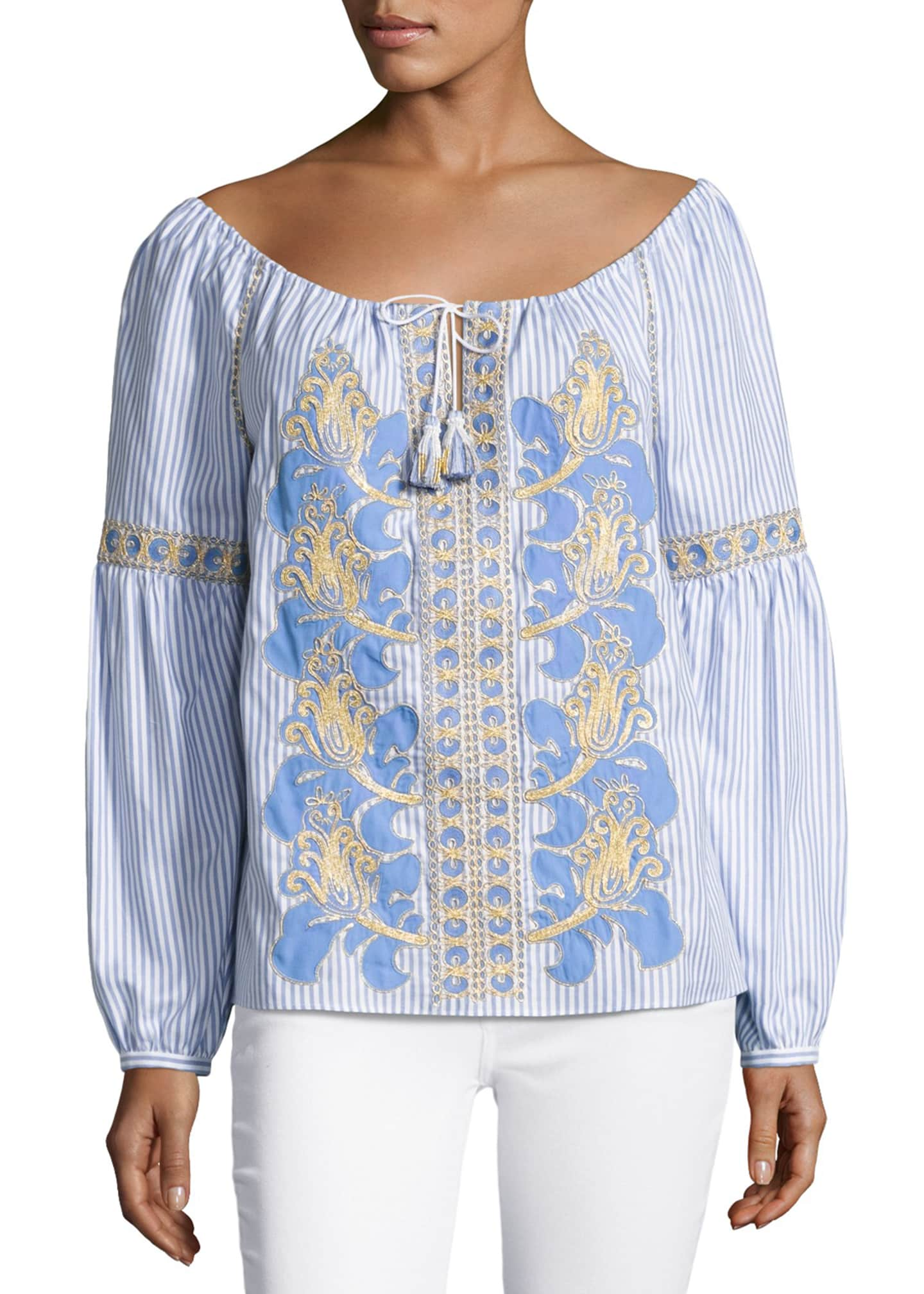 Tory Burch Embroidered Seersucker Peasant Blouse, White - Bergdorf Goodman