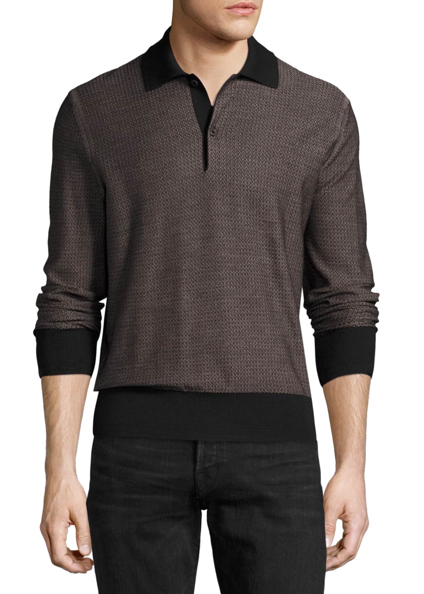 Micro Texture Long Sleeve Silk Merino Wool Polo Shirt