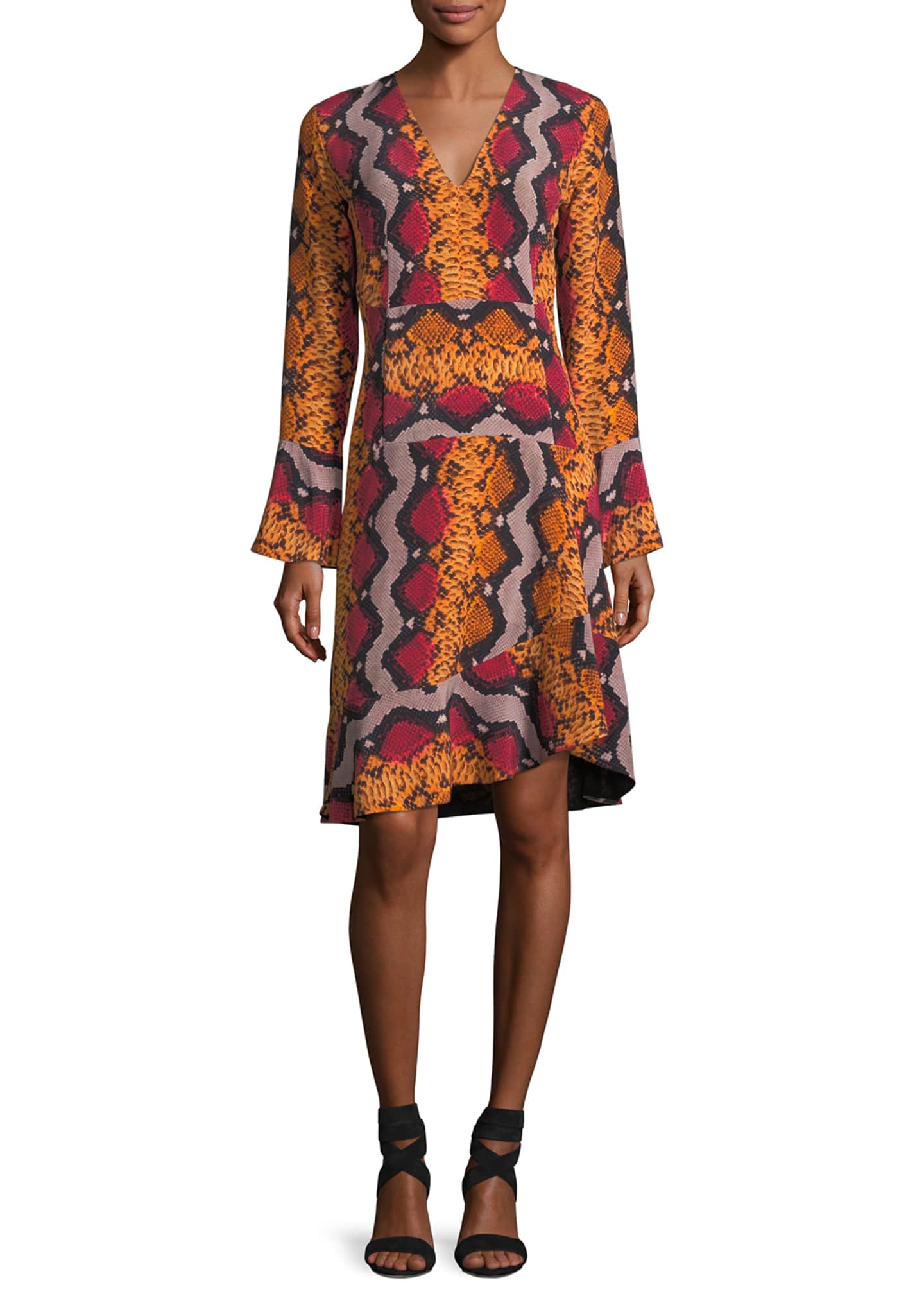 Long Sleeve Snake Print Silk Dress