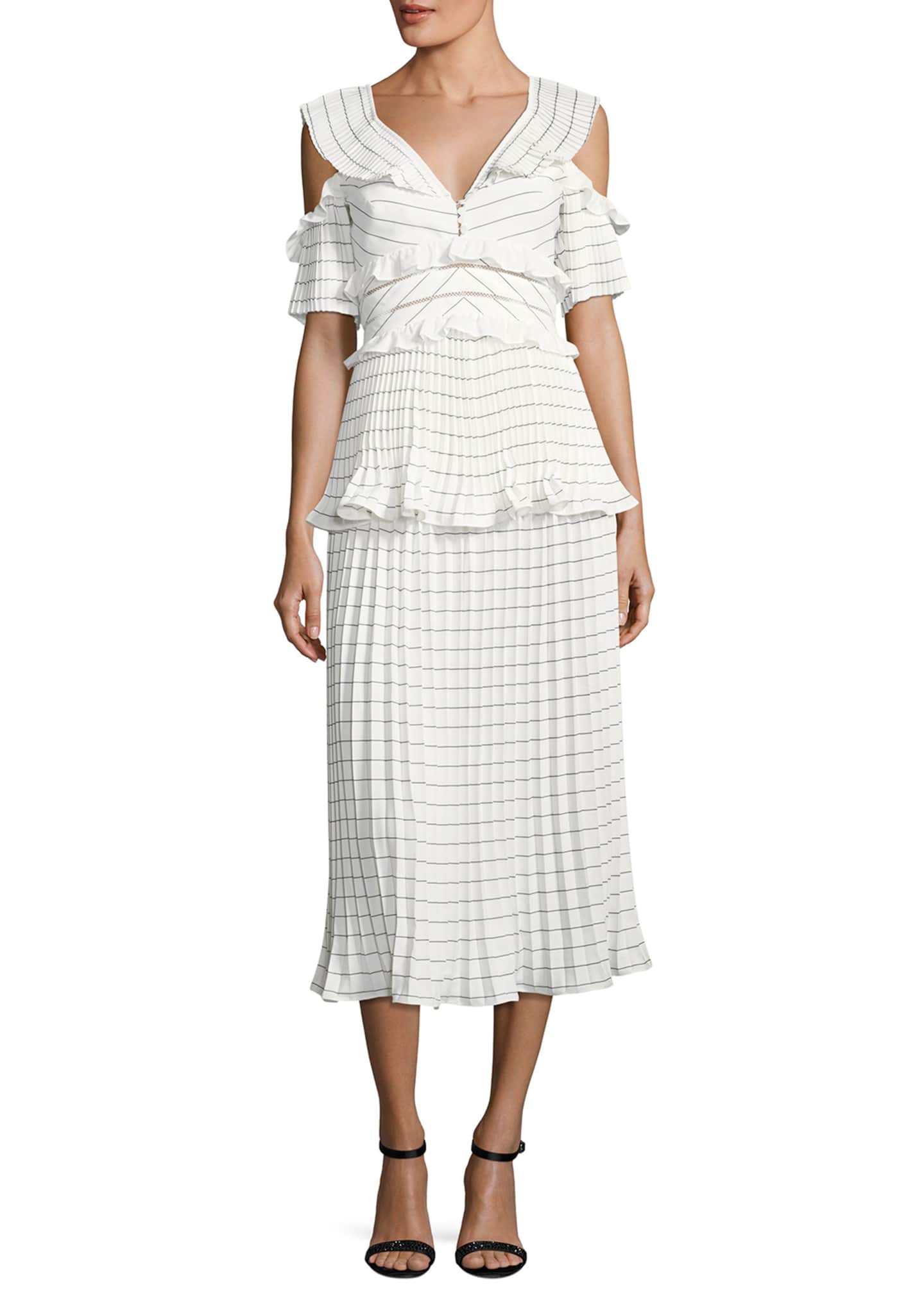 Monochrome Striped Pleated Midi Cocktail Dress