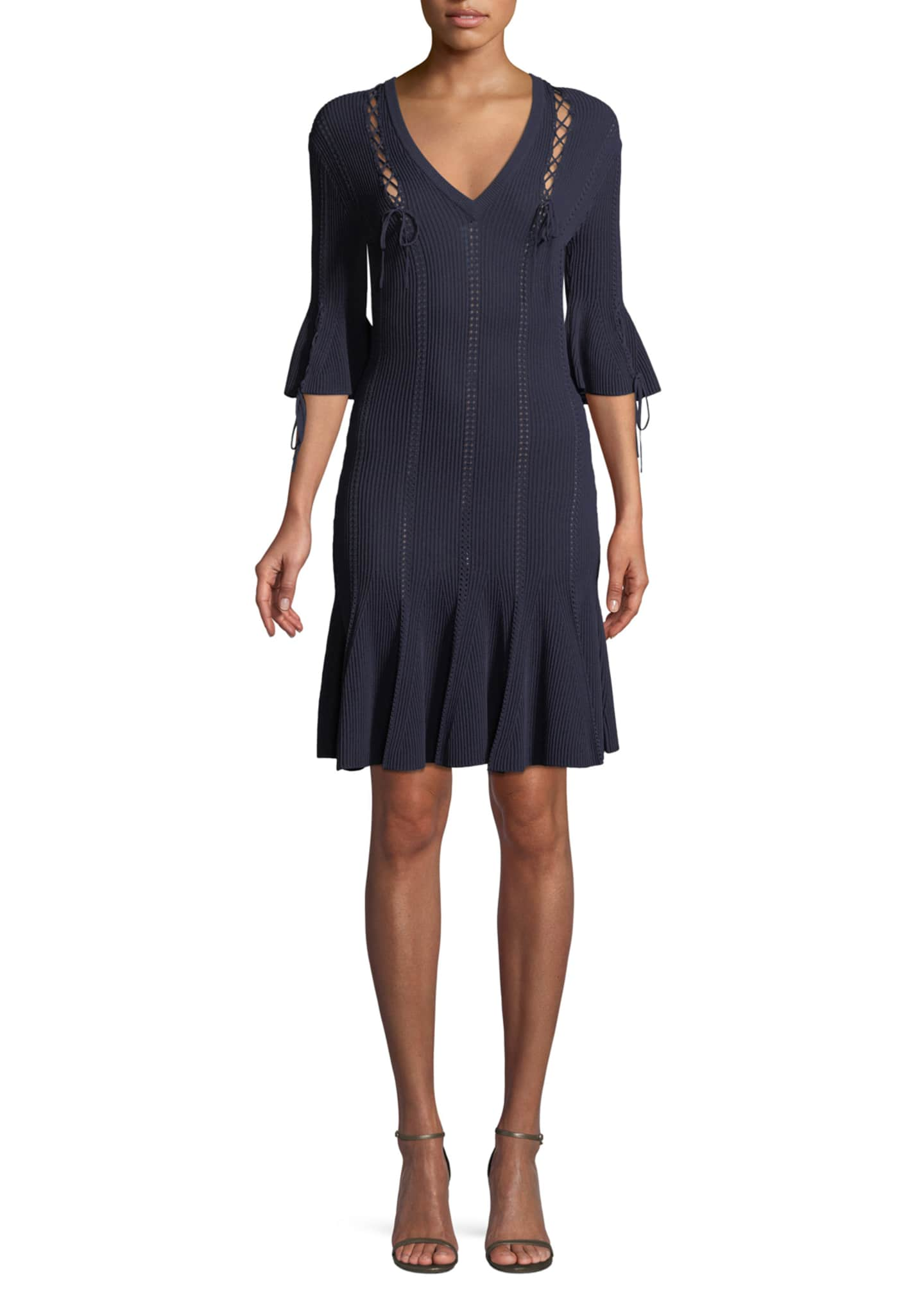 Jonathan Simkhai V-Neck Linked Rib-Knit Dress w/ Lace-Up Detail