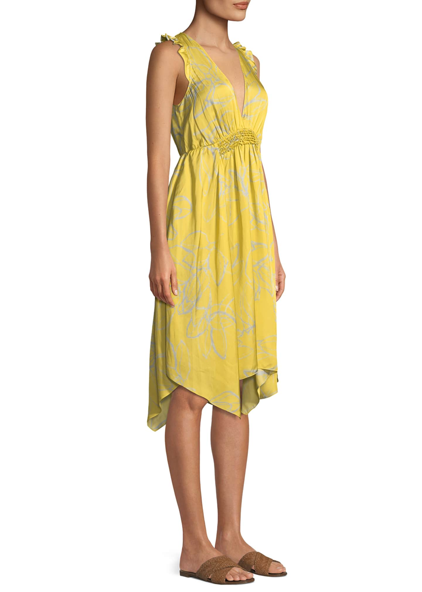 Ruffle Trim V Neck Silk Dress